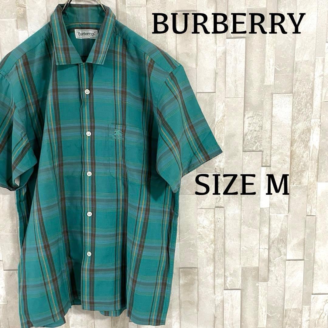90s BURBERRY 半袖シャツ ロゴ刺繍 サイズM グリーン チェック柄