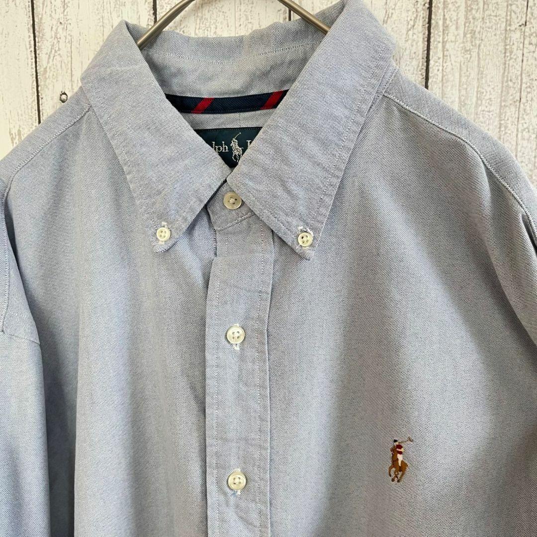 90s ラルフローレン メンズ 長袖 シャツ XLサイズ ブルー系 ポニー刺繍
