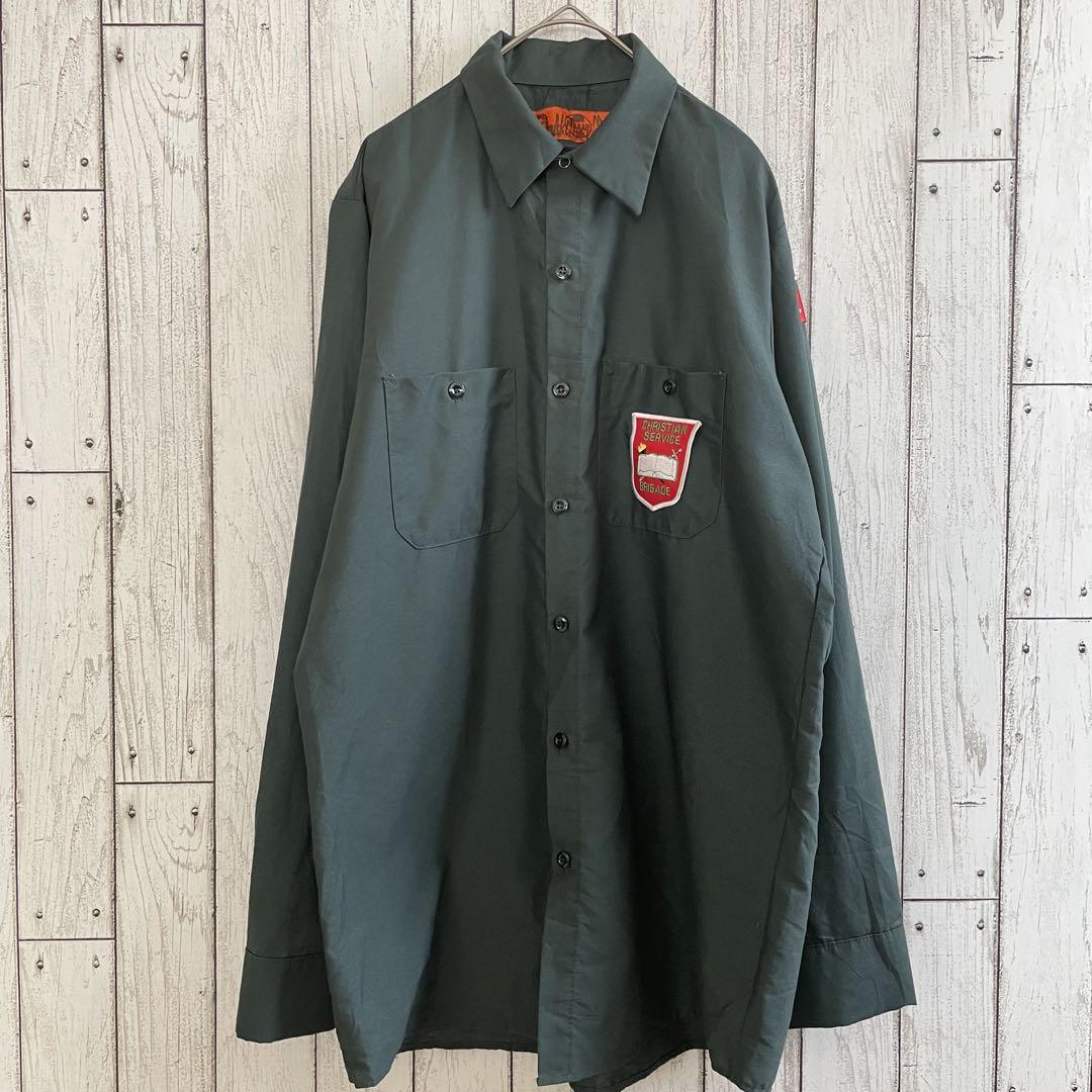【美品】古着 RED KAP 長袖ワークシャツ Mサイズ グリーン