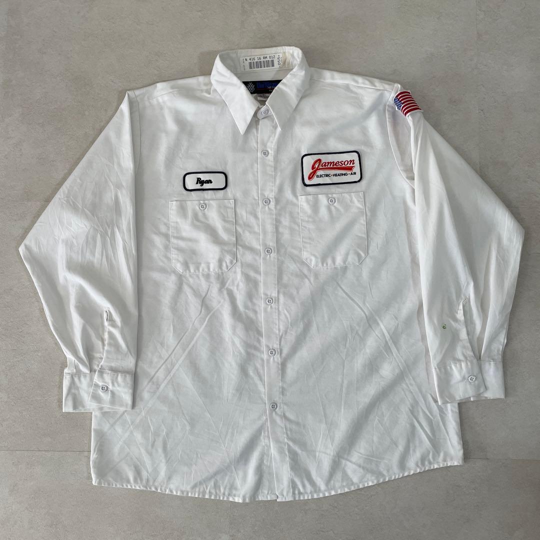 古着 UniFirst 長袖ワークシャツ 国旗刺繍 サイズXL ホワイト