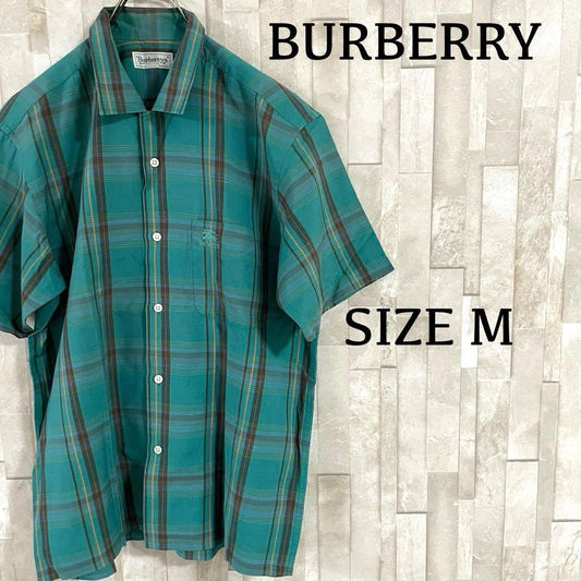 90s BURBERRY 半袖シャツ ロゴ刺繍 サイズM グリーン チェック柄