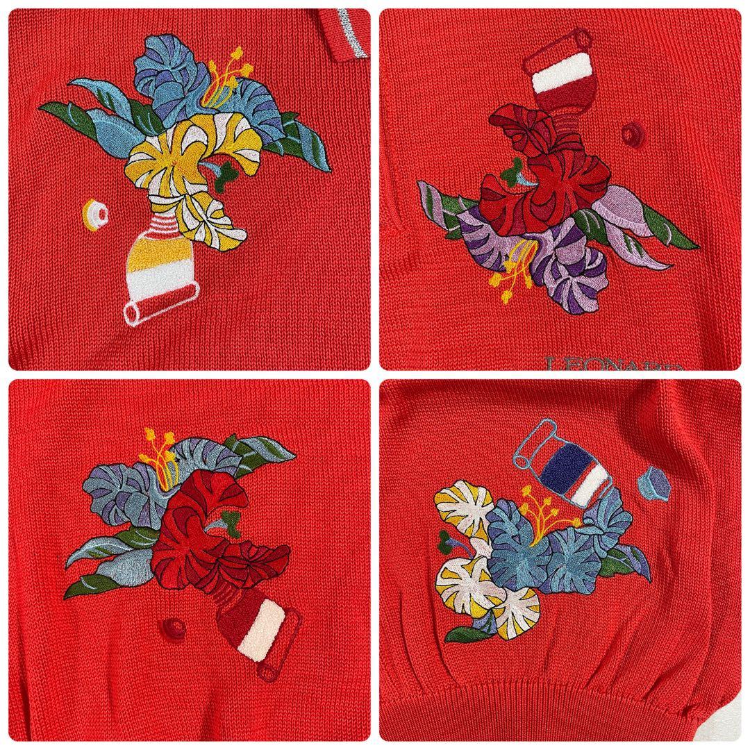古着 LEONARD 半袖ポロシャツ ニット 花柄刺繍 レッド