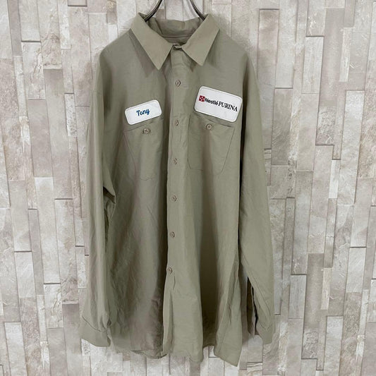 古着 RED KAP 長袖ワークシャツ ワッペン刺繍 サイズ2XL ベージュ