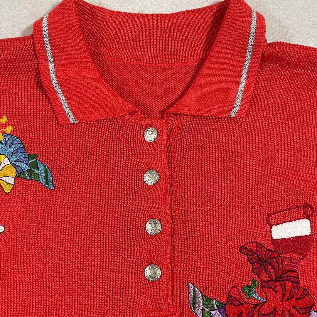 古着 LEONARD 半袖ポロシャツ ニット 花柄刺繍 レッド