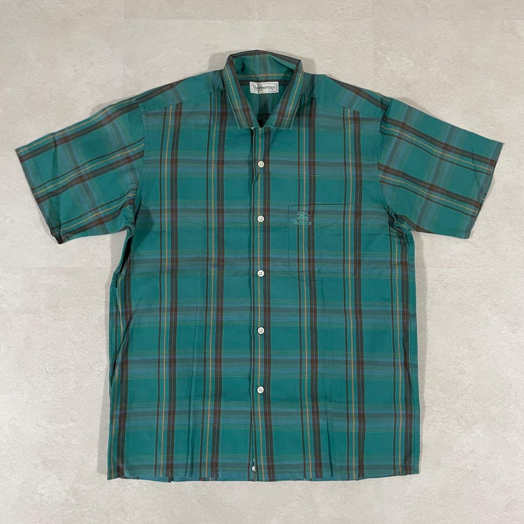 90s BURBERRY 半袖シャツ ロゴ刺繍 サイズM グリーン チェック柄