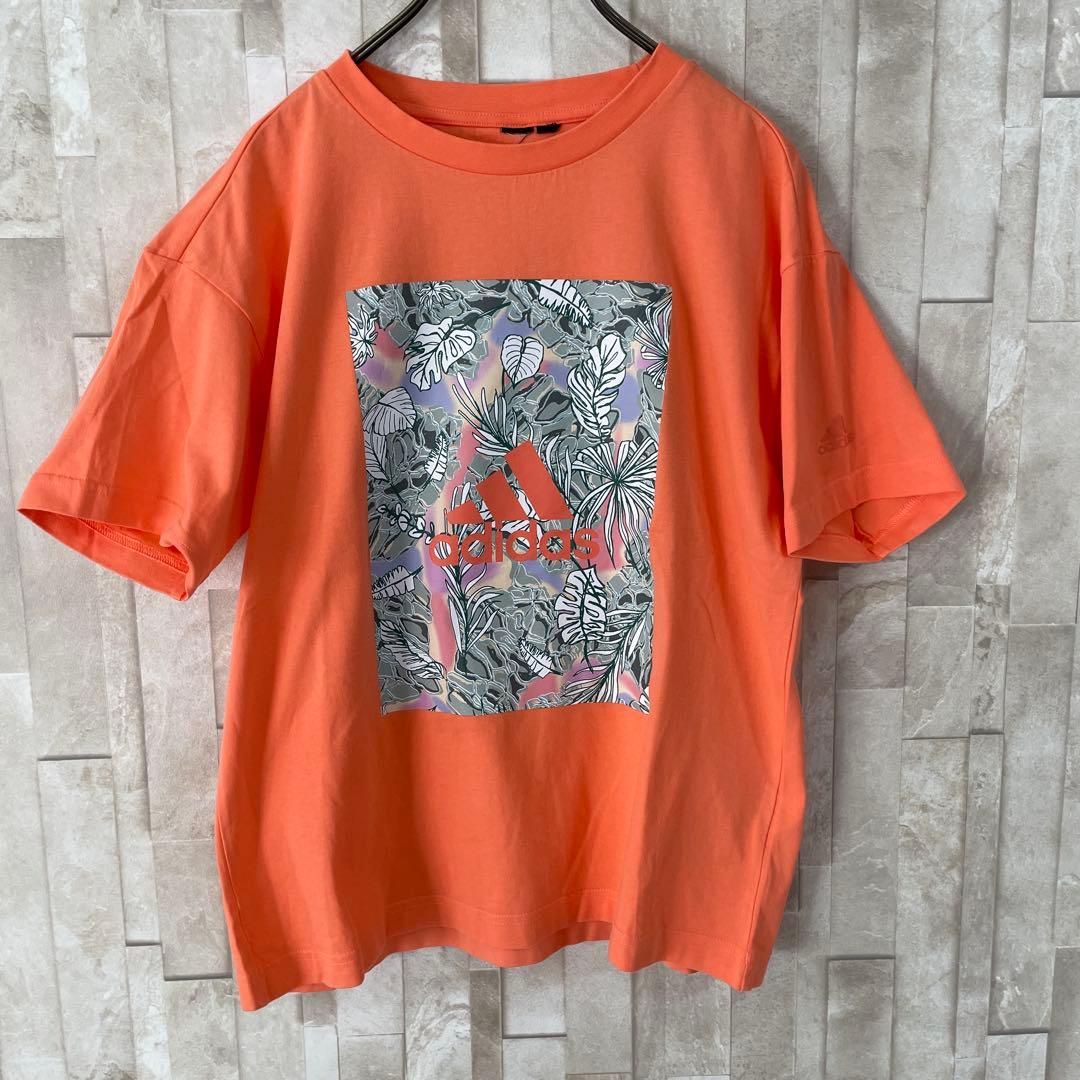 【美品】adidas 半袖Tシャツ ボタニカル グラフィックプリント オレンジ