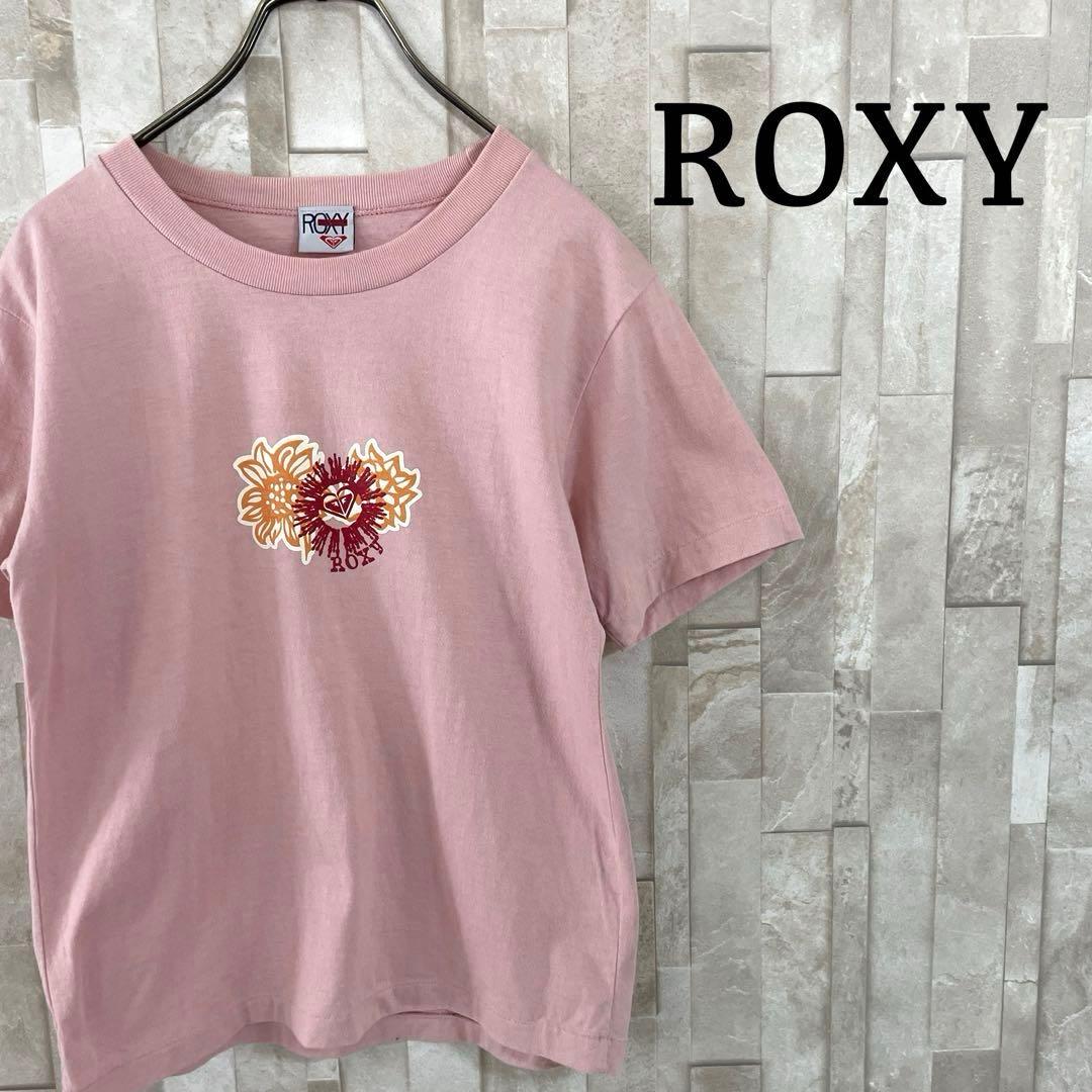 古着 ROXY 花柄プリント ロゴプリント 半袖Tシャツ ピンク
