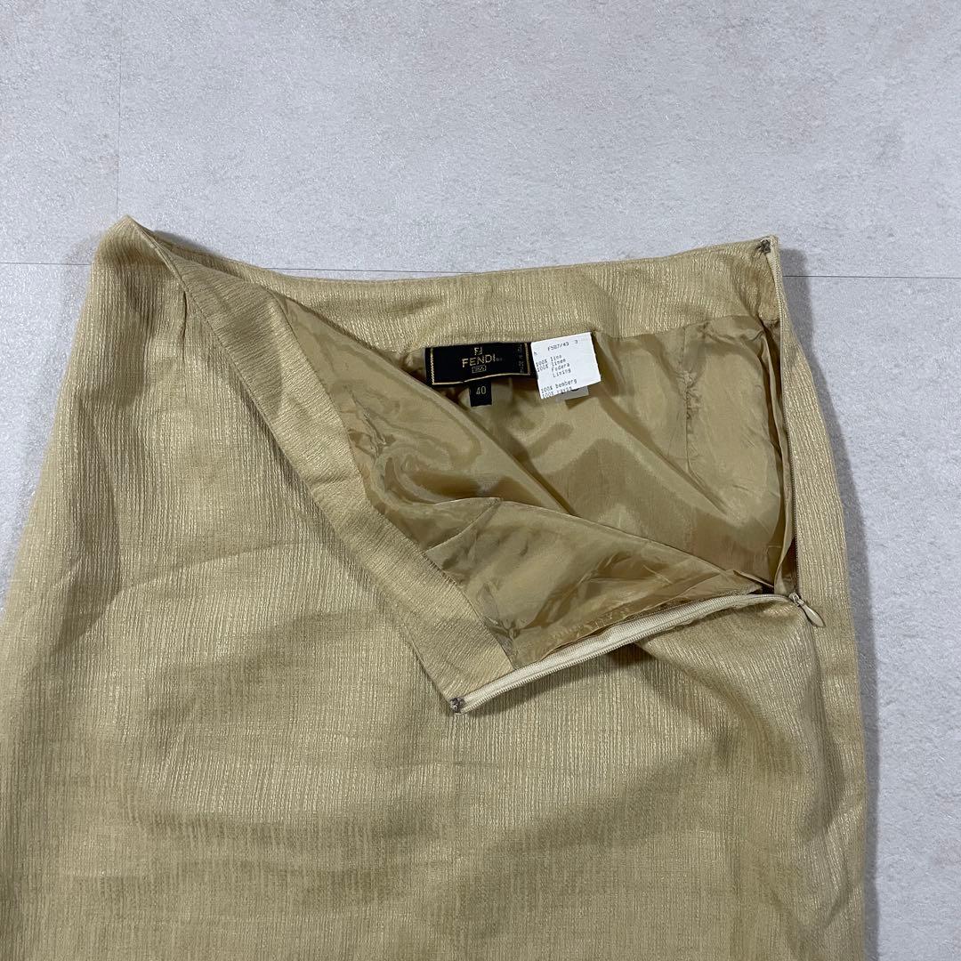 【美品】FENDI ひざ丈スカート イタリア製 麻100％ 40 ベージュ系