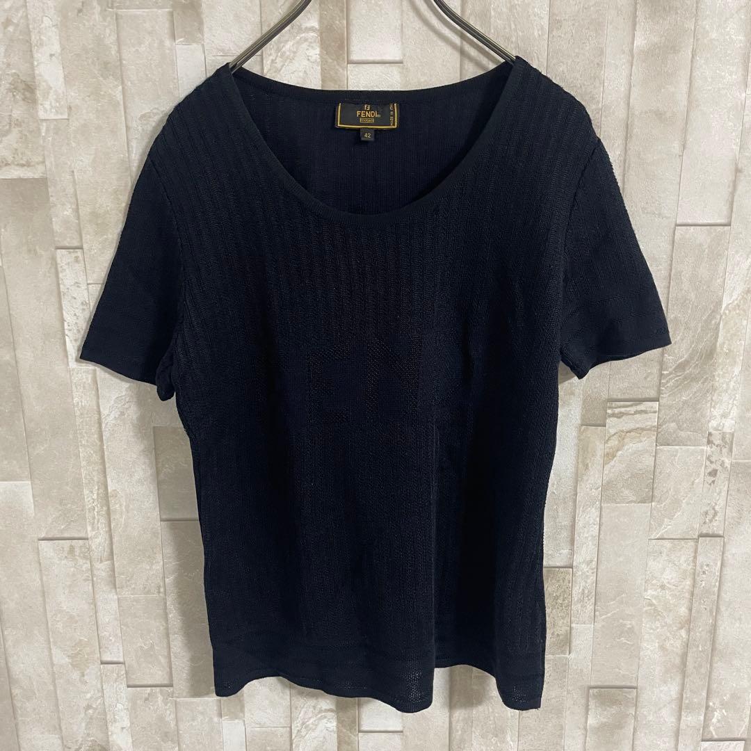 【美品】FENDI 半袖ニットシャツ サイズ42 ネイビー