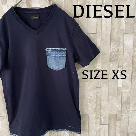 【美品】DIESEL VネックTシャツ デニムポケット ネイビー XSサイズ