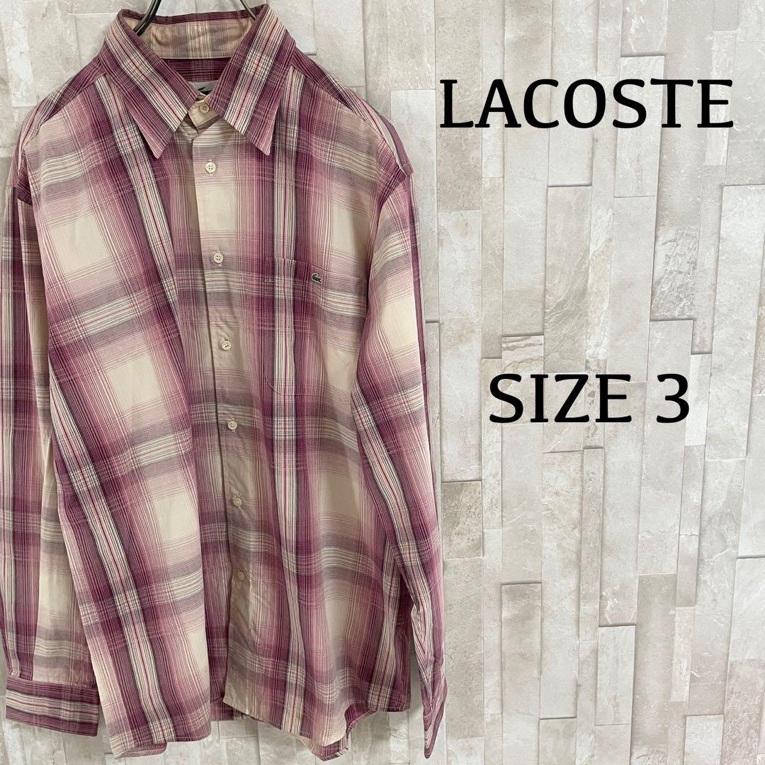 古着 LACOSTE 長袖シャツ ワニ刺繍 チェック柄 パープル 日本製