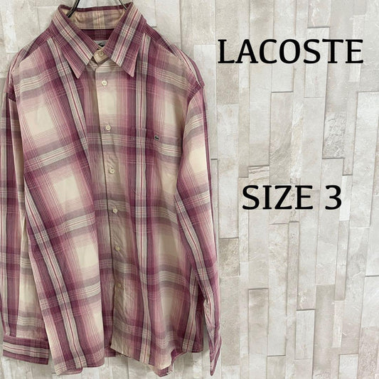 古着 LACOSTE 長袖シャツ ワニ刺繍 チェック柄 パープル 日本製