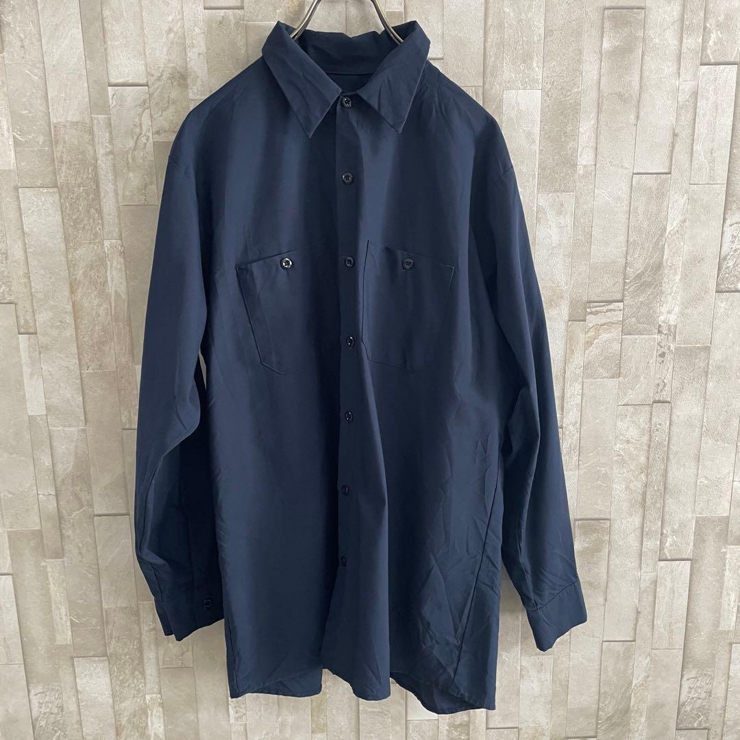 古着 DURABLE PRESS 長袖ワークシャツ 無地 L ネイビー