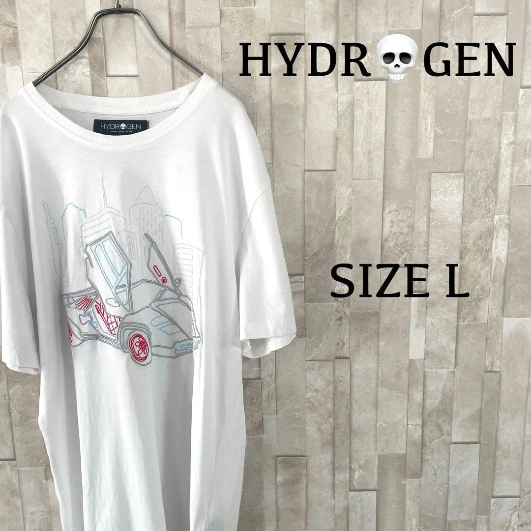 【美品】HYDROGEN ビック刺繍 車イラスト 半袖Tシャツ L ホワイト