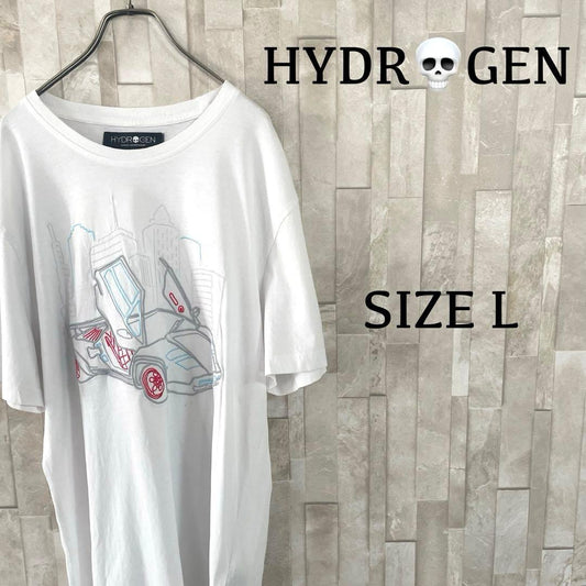 【美品】HYDROGEN ビック刺繍 車イラスト 半袖Tシャツ L ホワイト