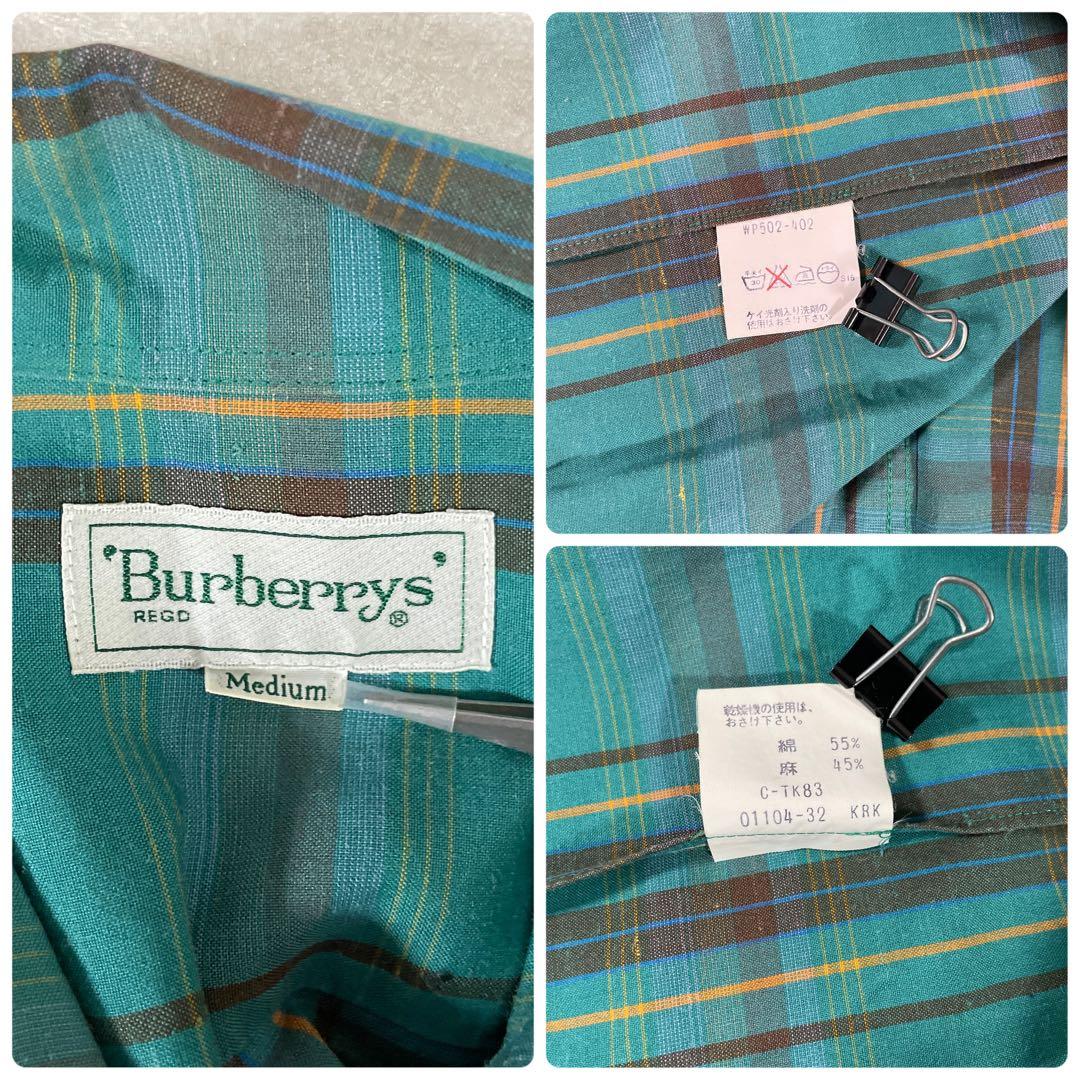 90s BURBERRY 半袖シャツ ロゴ刺繍 サイズM グリーン チェック柄