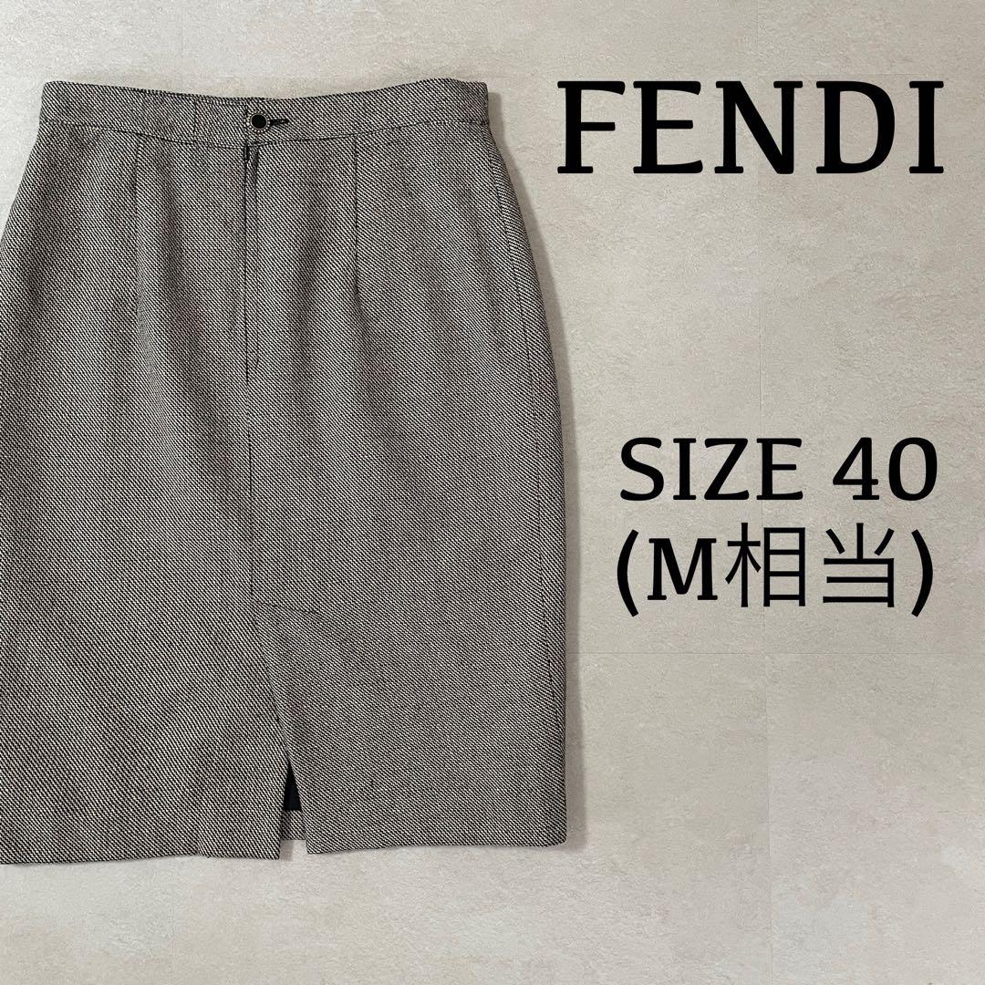 古着 FENDI ひざ丈スカート イタリア製 総柄 グレー×ブラック サイズ40