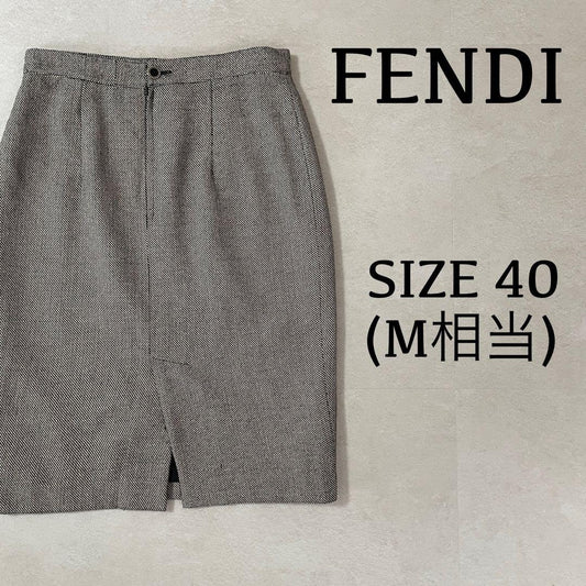古着 FENDI ひざ丈スカート イタリア製 総柄 グレー×ブラック サイズ40