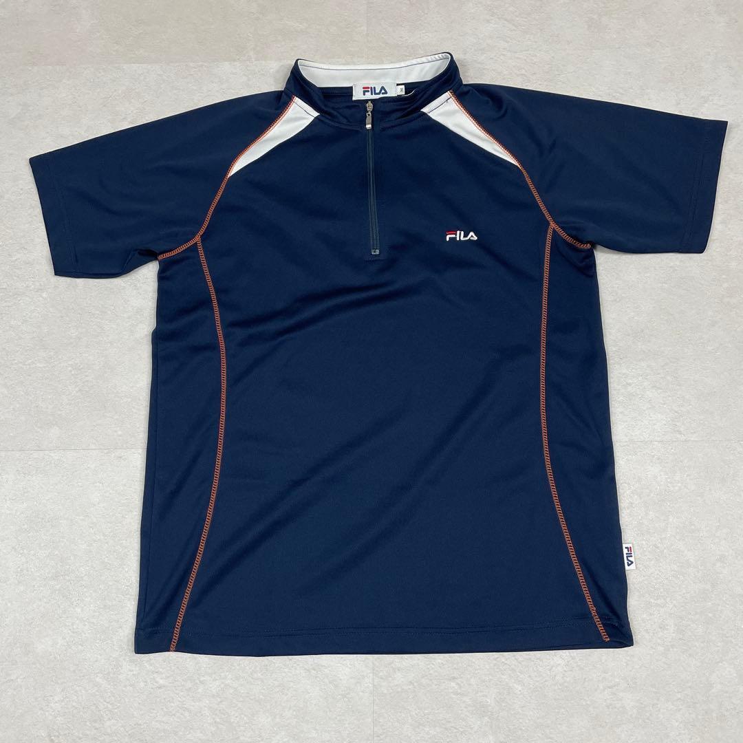 古着 FILA 半袖シャツ ハーフジップ スポーツウェア M ネイビー