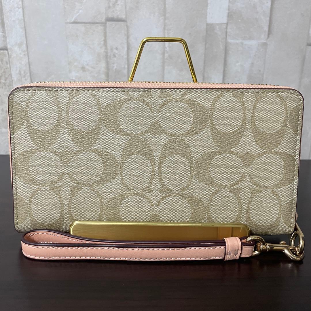 訳あり新品 COACH 長財布 シグネチャー ベージュ×ピンク
