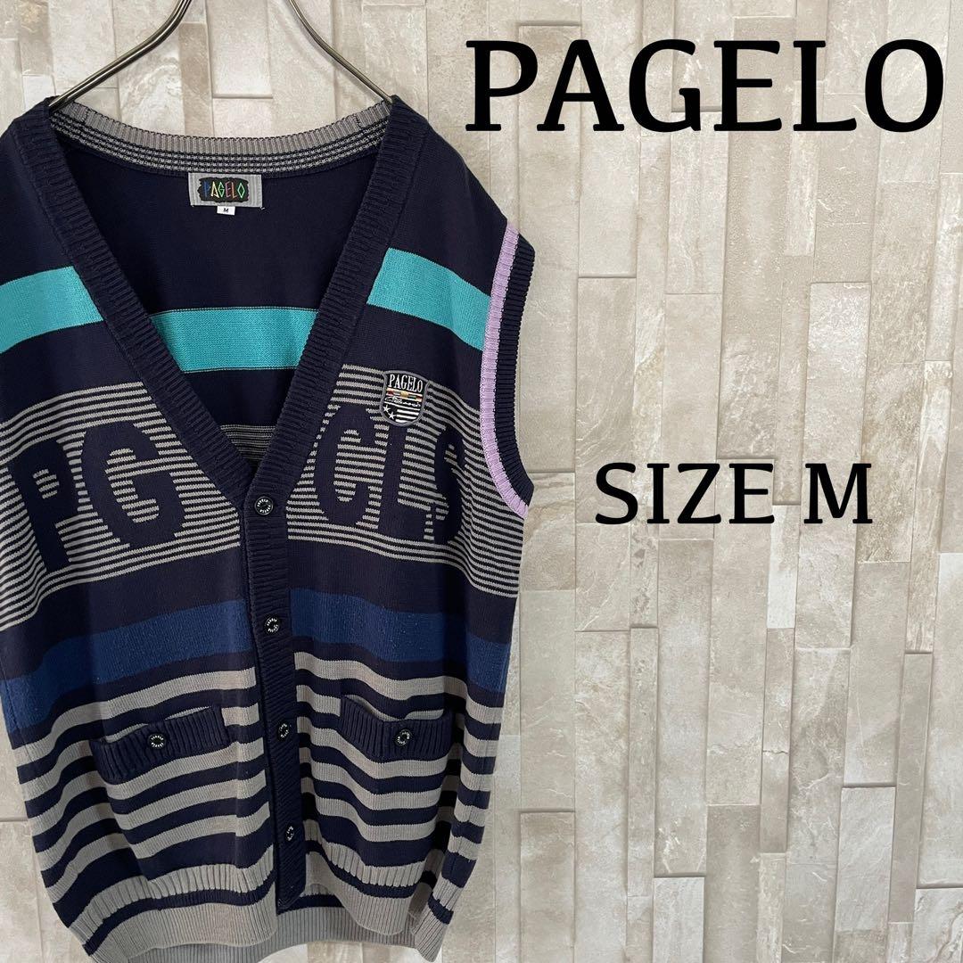 【美品】PAGERO ニット ベスト ビックロゴ ボーダー M ワッペン刺繍