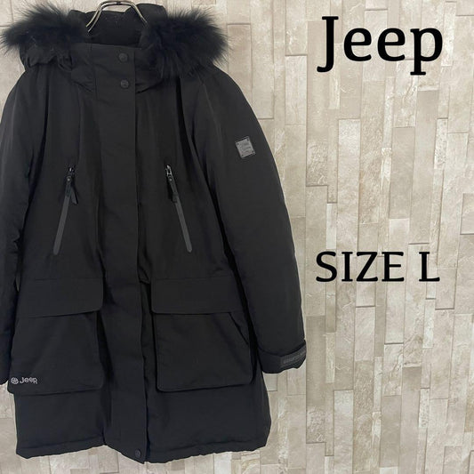 【海外限定】Jeep ダウンジャケット ファー付き ロゴパッチ L ブラック