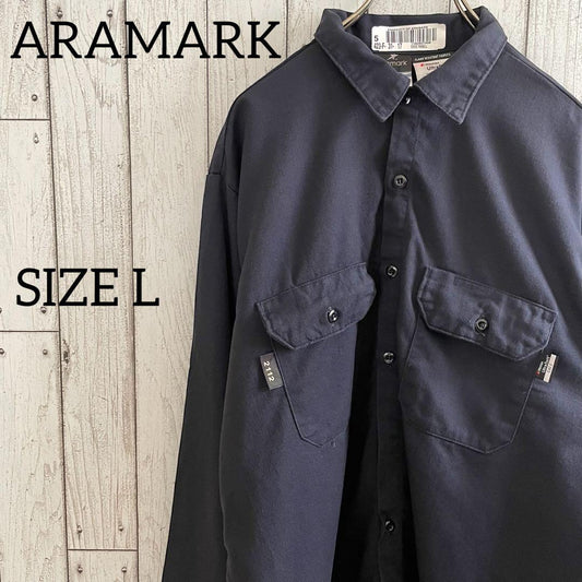 古着 ARAMARK 長袖ワークシャツ Lサイズ ネイビー