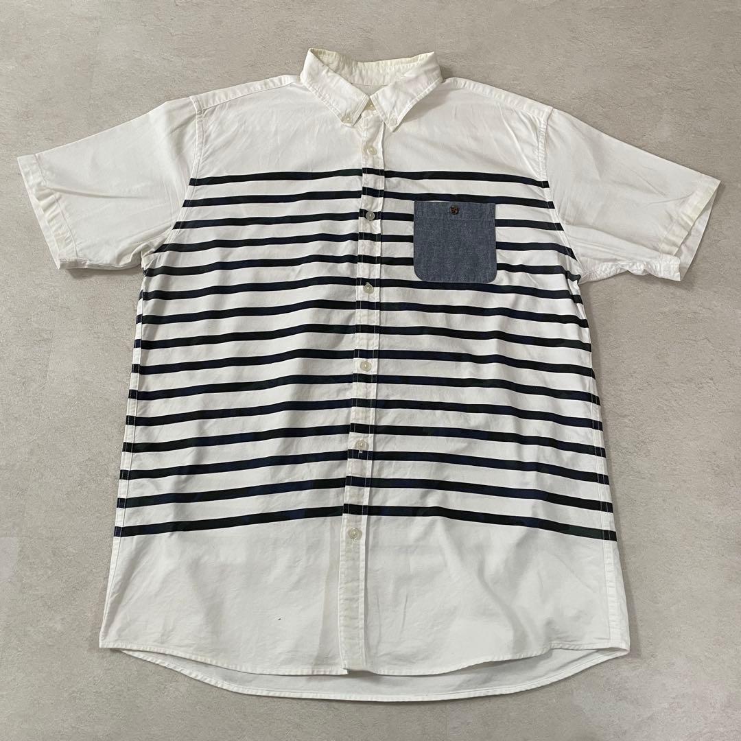古着BEAMS HEART 迷彩 ボーダー デニム調ポケット 半袖シャツ XL