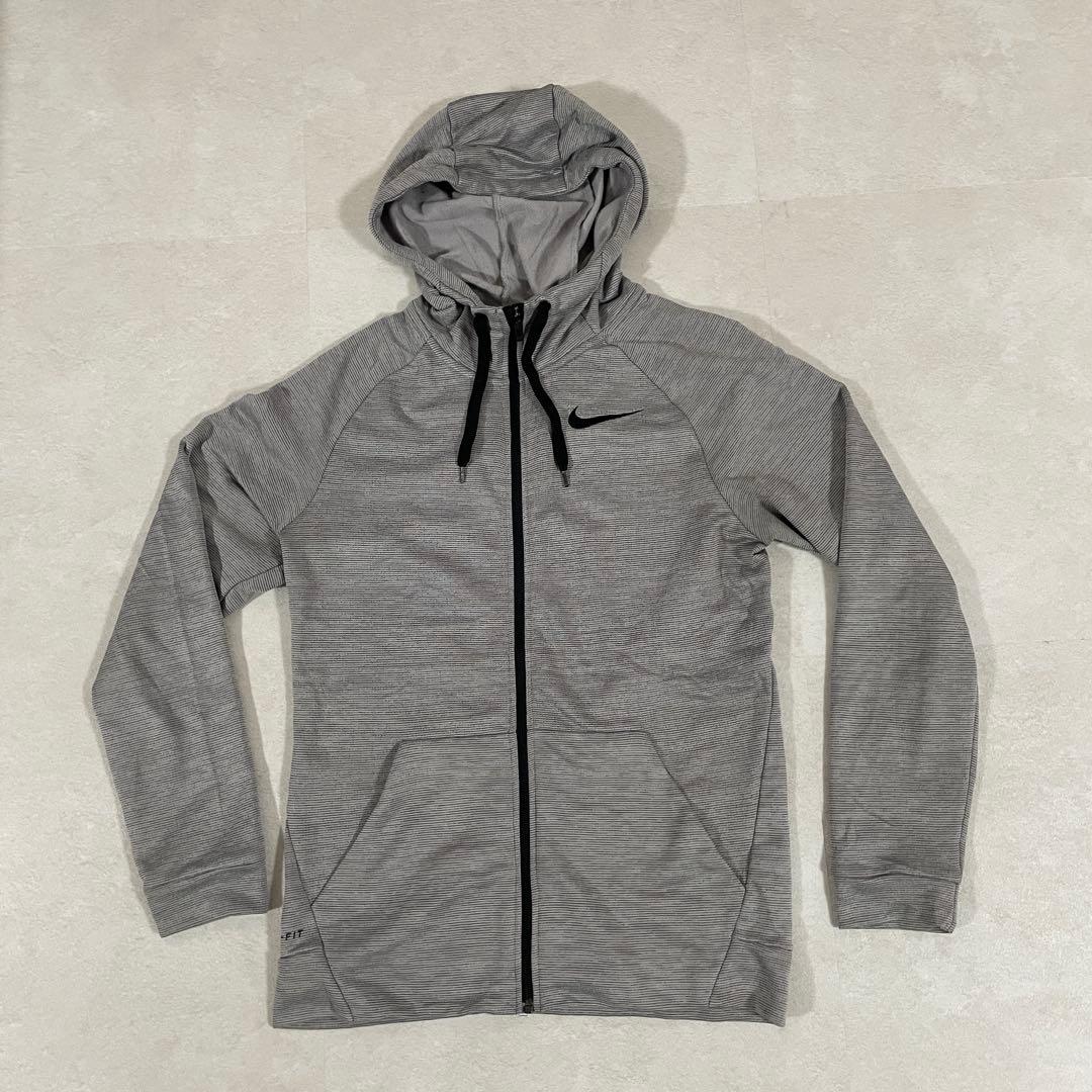 【美品】NIKE フルジップアップパーカー フード DRY-FIT S グレー