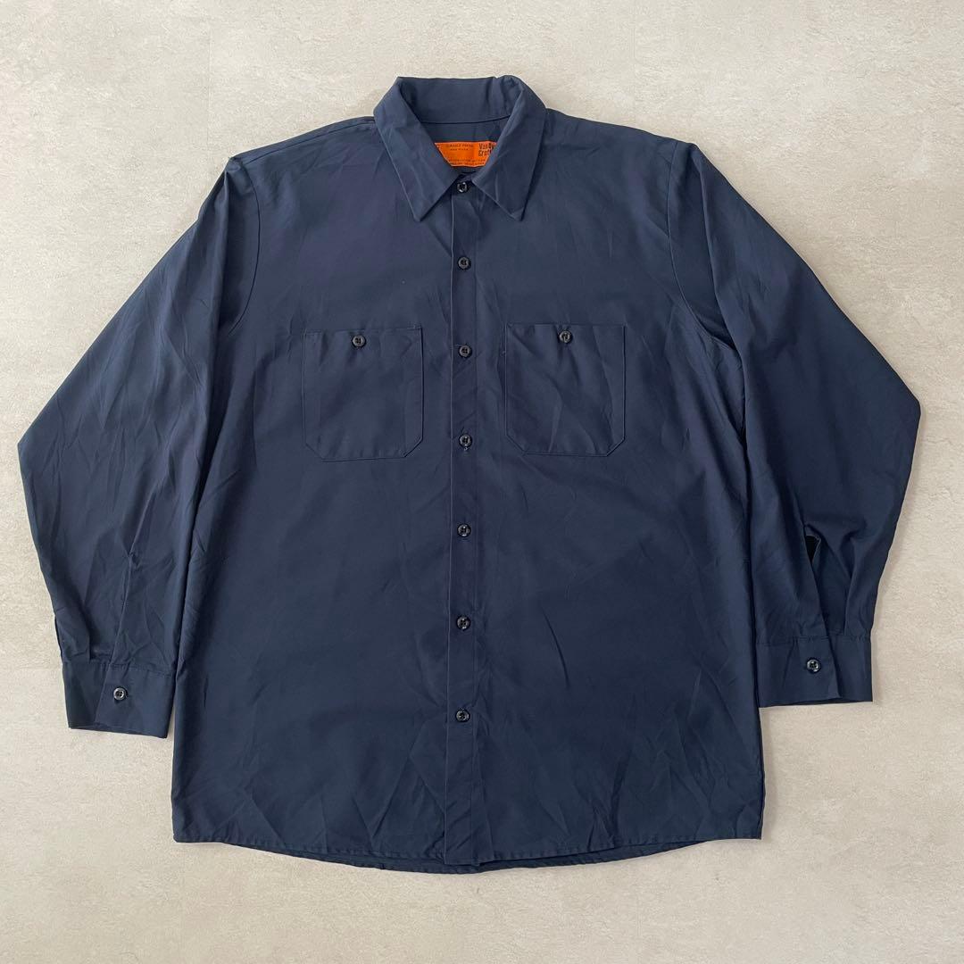 古着 DURABLE PRESS 長袖ワークシャツ 無地 L ネイビー