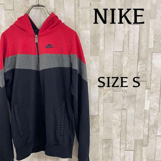 古着 NIKE ジップアップパーカー カラーブロック ロゴ刺繍 サイズS