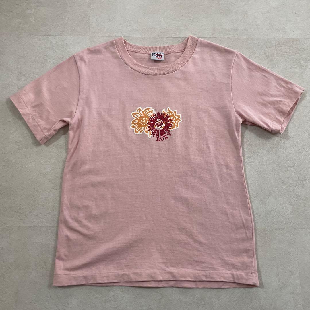 古着 ROXY 花柄プリント ロゴプリント 半袖Tシャツ ピンク