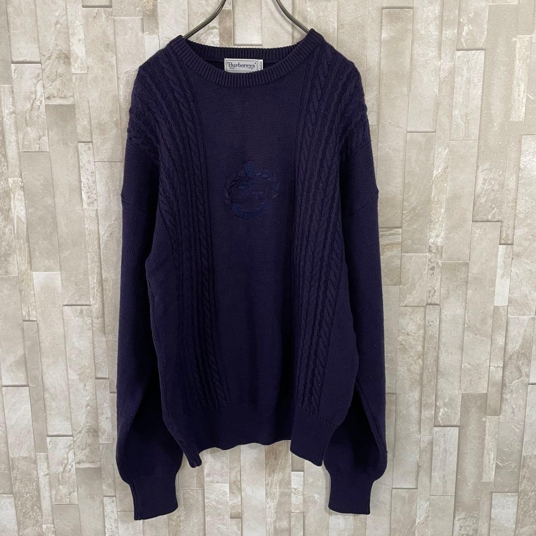 【美品】90s BURBERRY ニット セーター エンブレム刺繍 M 紫色
