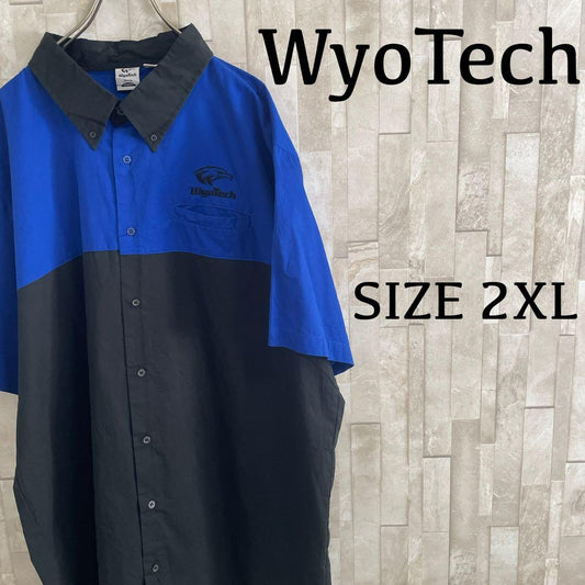 【美品】WyoTech 半袖ワークシャツ ロゴ刺繍 黒×青 ツートン 2XL