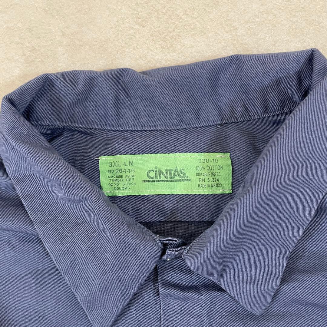 古着 CINTAS 長袖ワークシャツ 国旗刺繍 ロゴ刺繍 3XL ブルー