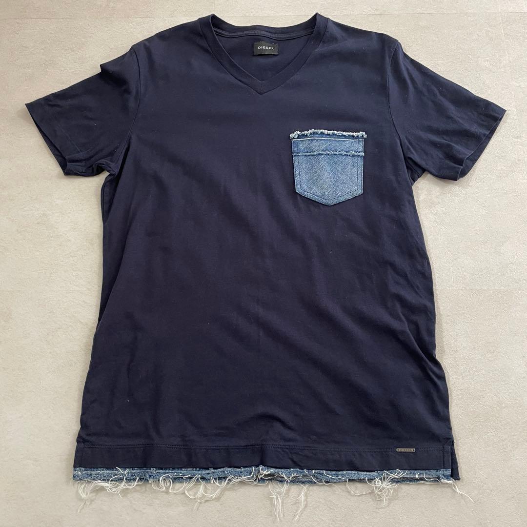 【美品】DIESEL VネックTシャツ デニムポケット ネイビー XSサイズ
