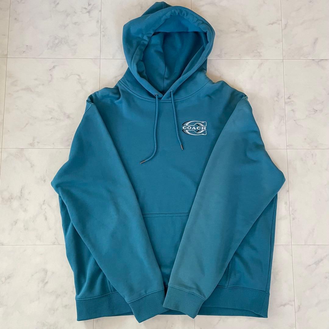 【希少美品】COACH メンズ 長袖パーカー Lサイズ ブルー ターコイズ
