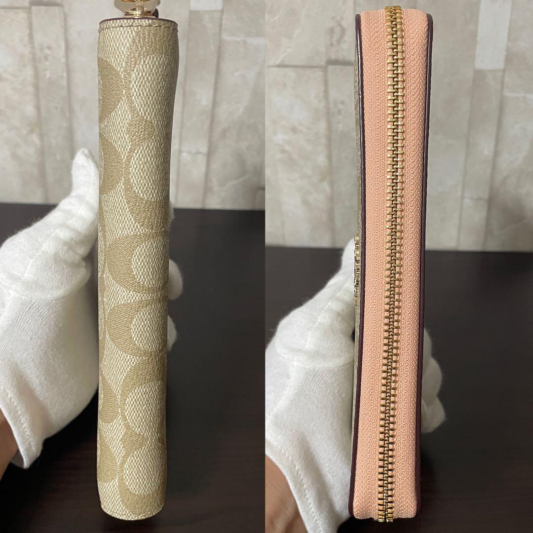訳あり新品 COACH 長財布 シグネチャー ベージュ×ピンク