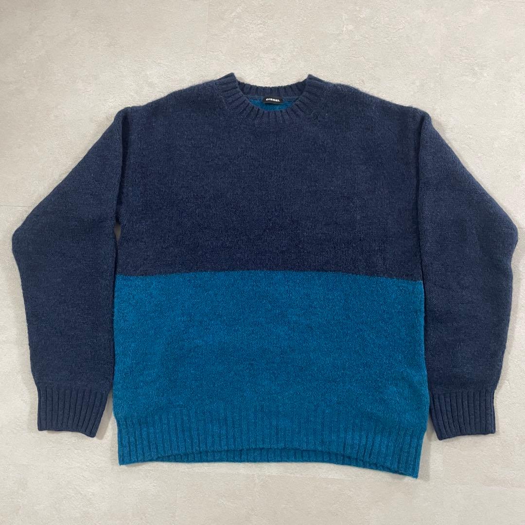 【美品】DIESEL 長袖ニットセーター バイカラー ネイビー×ターコイズ L