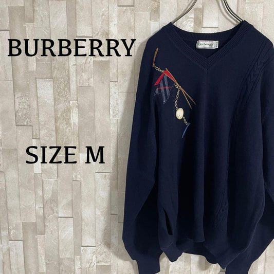 【美品】90s BURBERRY 長袖ニット ゴルフ刺繍 ケーブルニット M