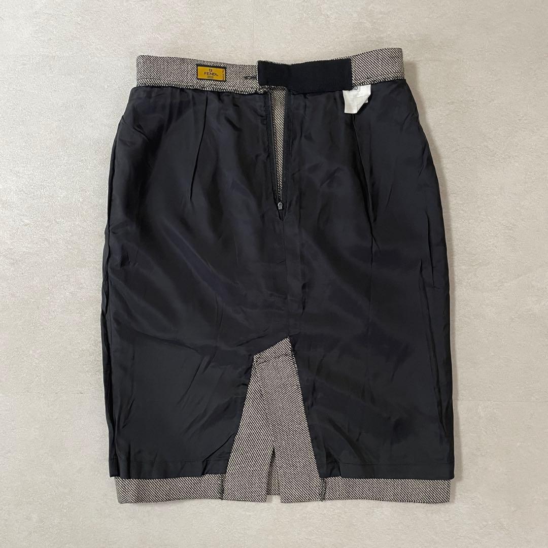 古着 FENDI ひざ丈スカート イタリア製 総柄 グレー×ブラック サイズ40