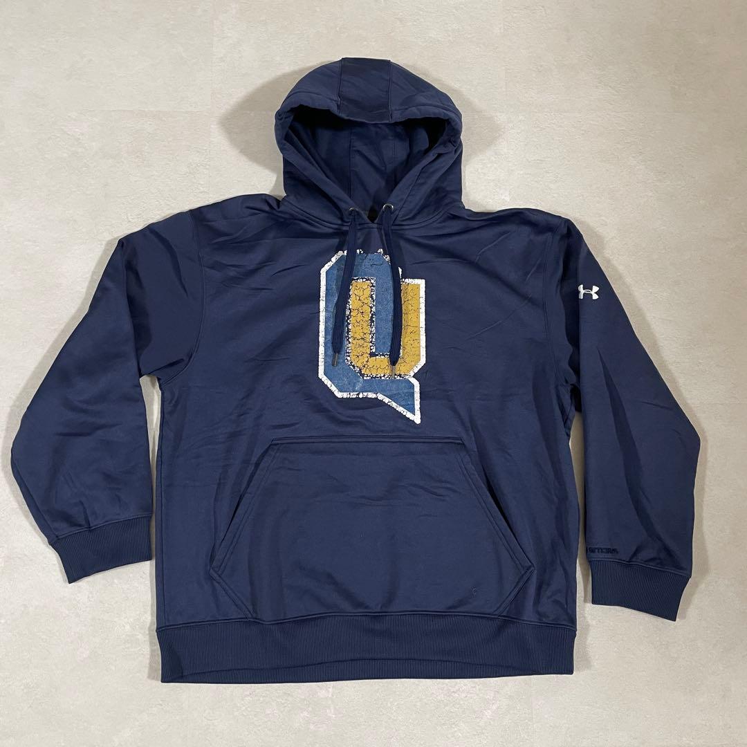 古着 UNDER ARMOUR プルオーバーパーカー プリント STORM 紺色