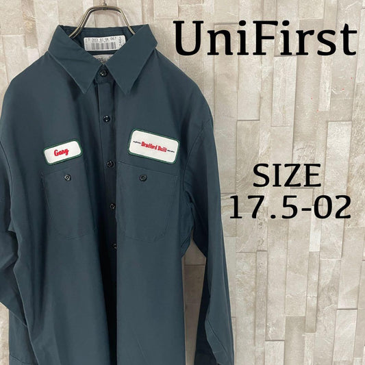 【美品】UniFirst 長袖ワークシャツ ワッペン刺繍17.5-02 緑