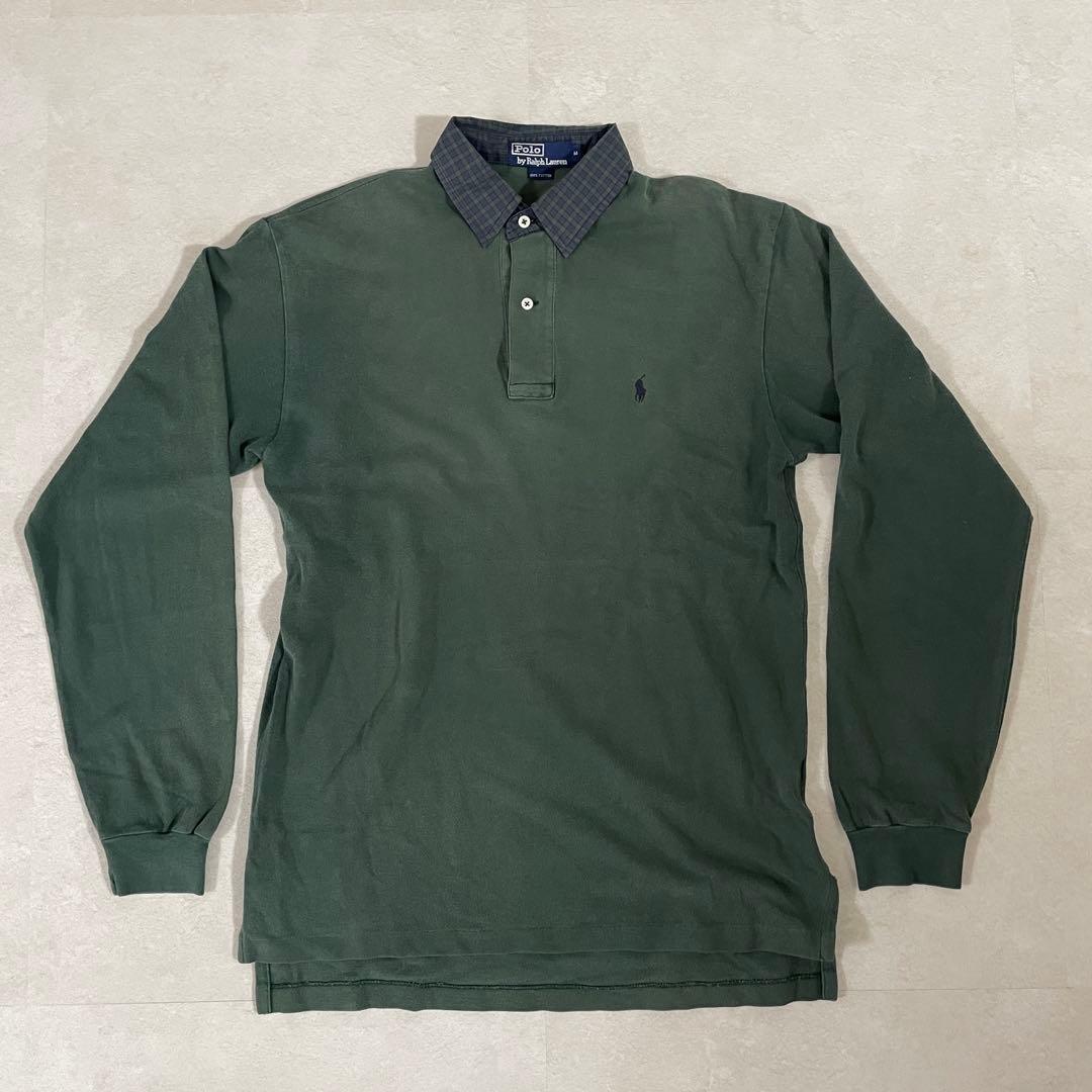 【美品】90s POLO RALPH LAUREN 長袖ポロシャツ M グリーン