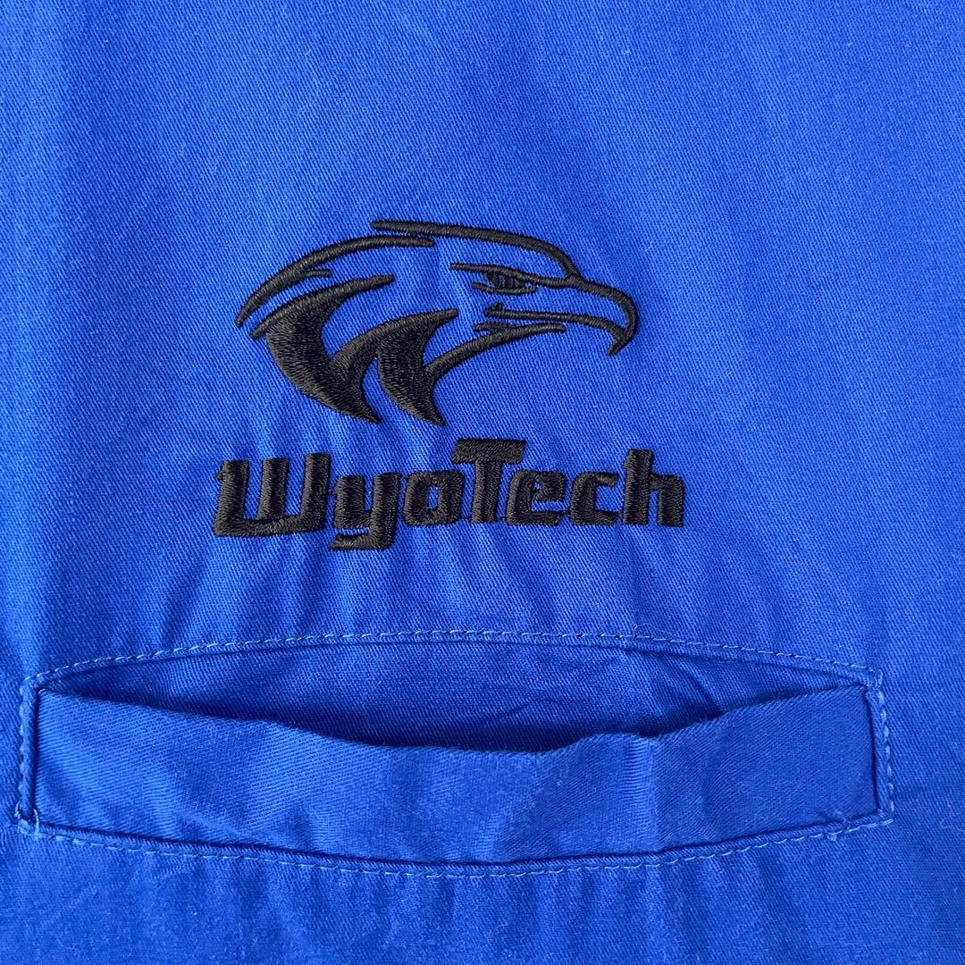 【美品】WyoTech 半袖ワークシャツ ロゴ刺繍 黒×青 ツートン 2XL