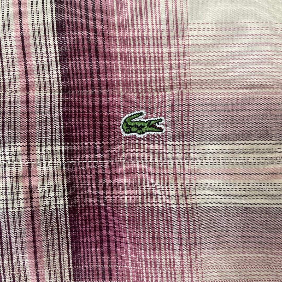古着 LACOSTE 長袖シャツ ワニ刺繍 チェック柄 パープル 日本製