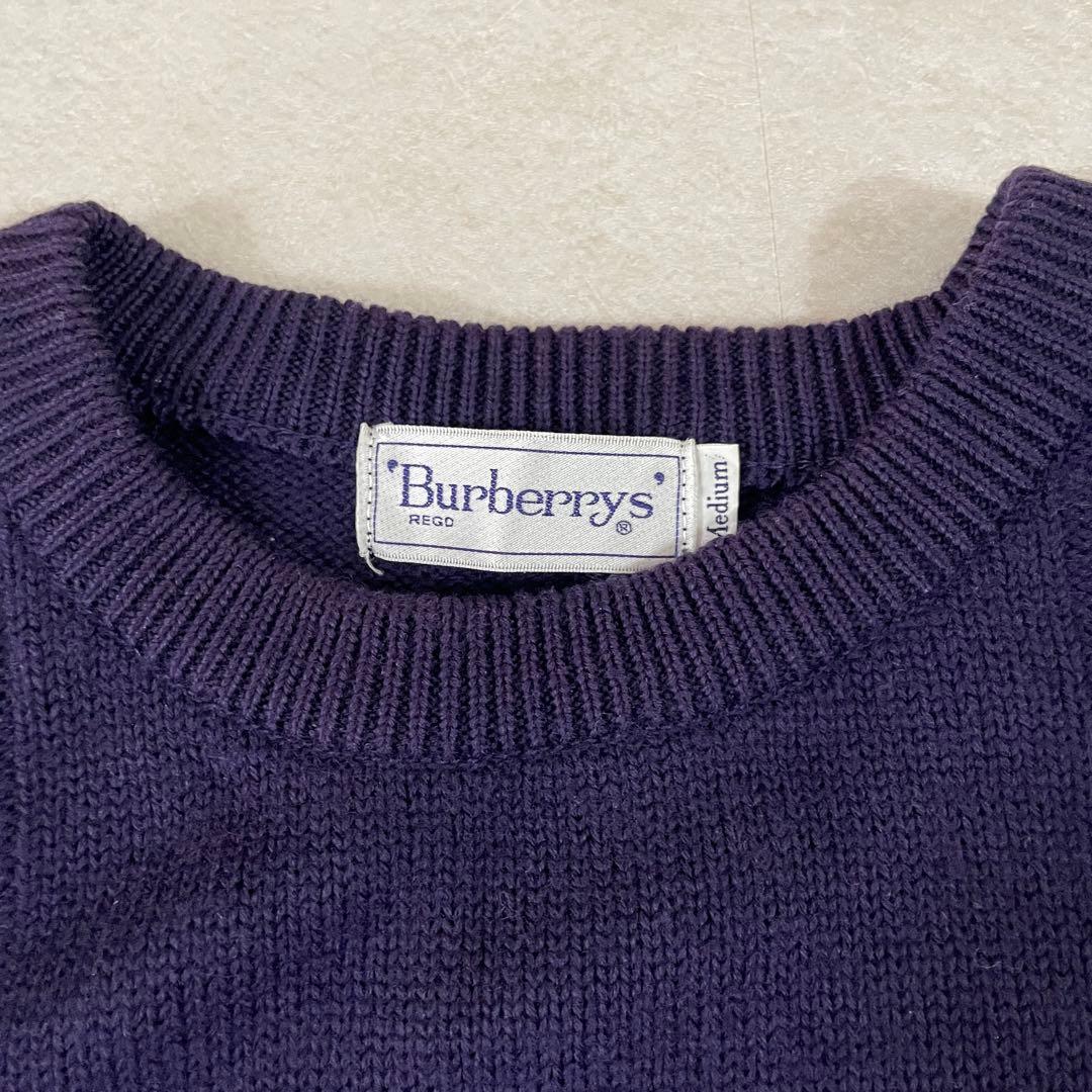 【美品】90s BURBERRY ニット セーター エンブレム刺繍 M 紫色