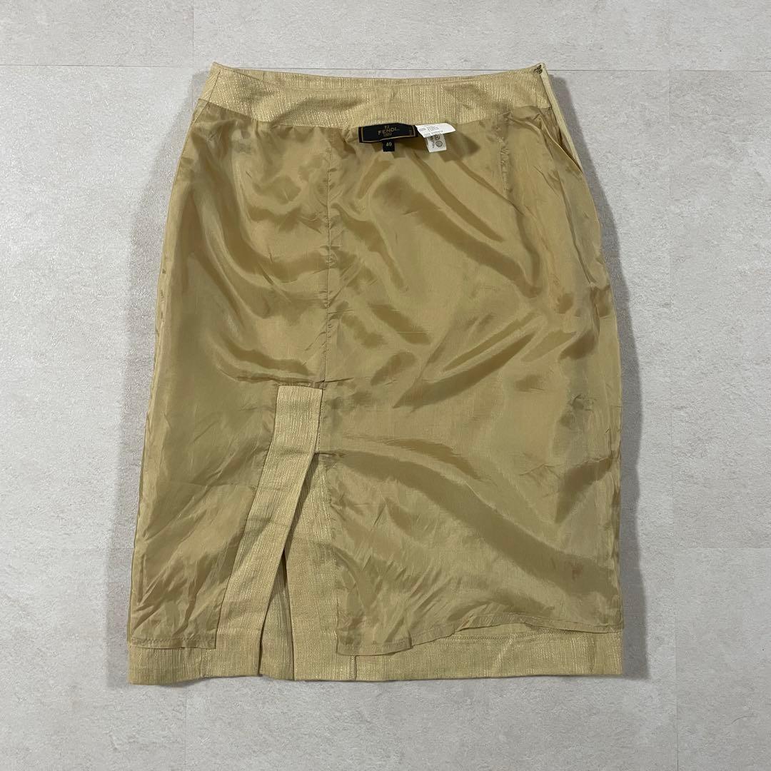 【美品】FENDI ひざ丈スカート イタリア製 麻100％ 40 ベージュ系