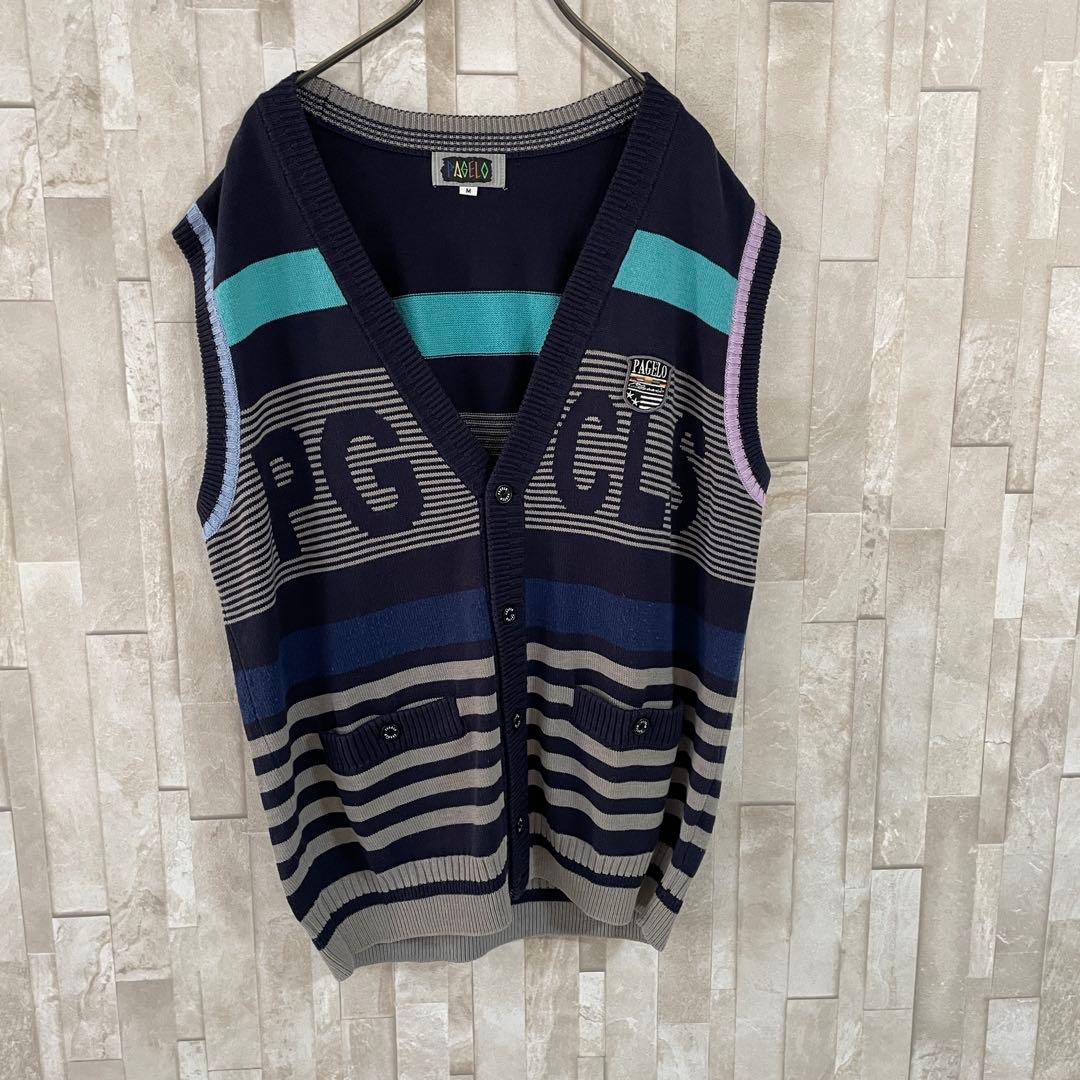 【美品】PAGERO ニット ベスト ビックロゴ ボーダー M ワッペン刺繍