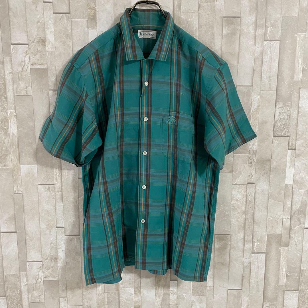 90s BURBERRY 半袖シャツ ロゴ刺繍 サイズM グリーン チェック柄